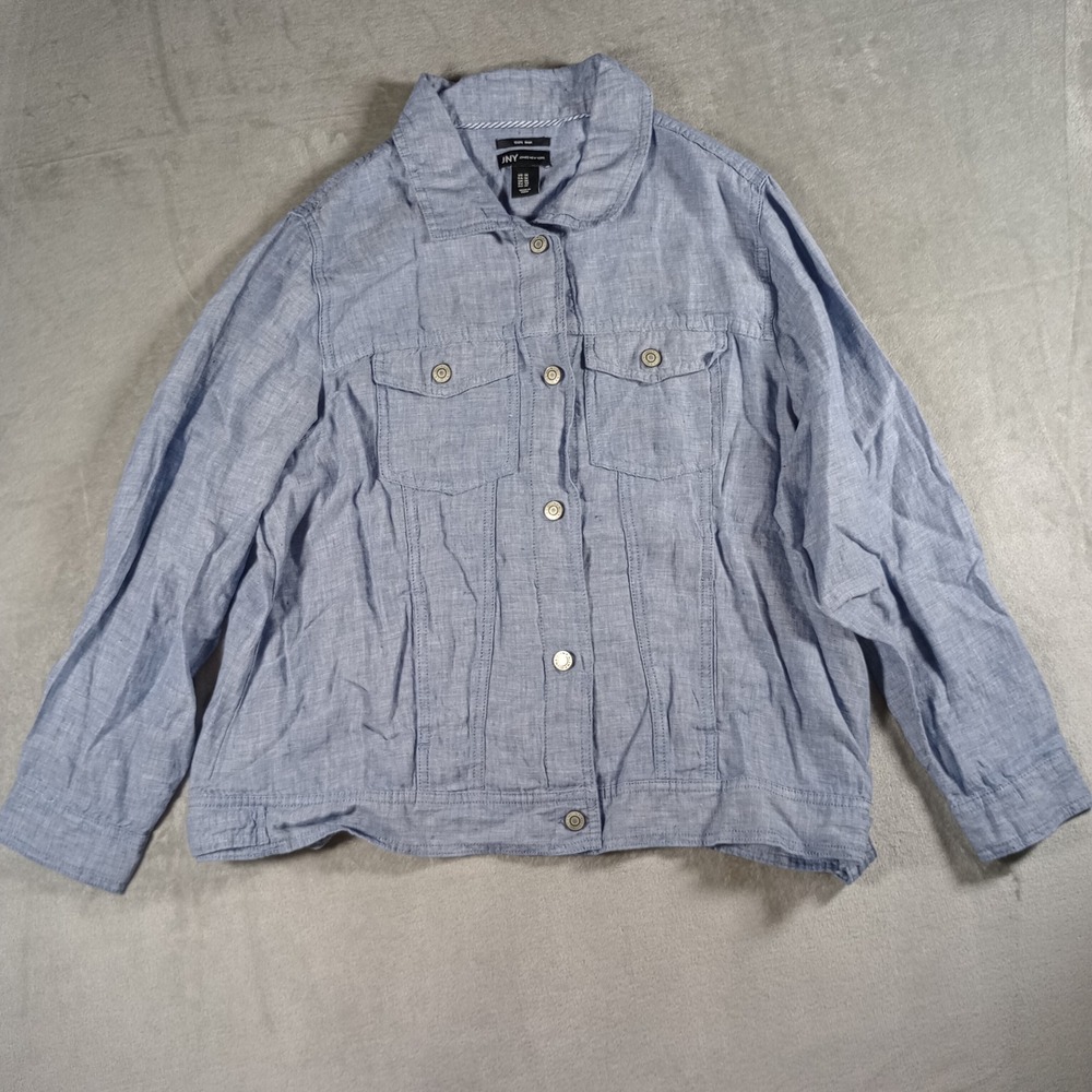 Jones New York Linen Jacket Womens 1X Blue Button Up Trucker Coastal Lagenlook